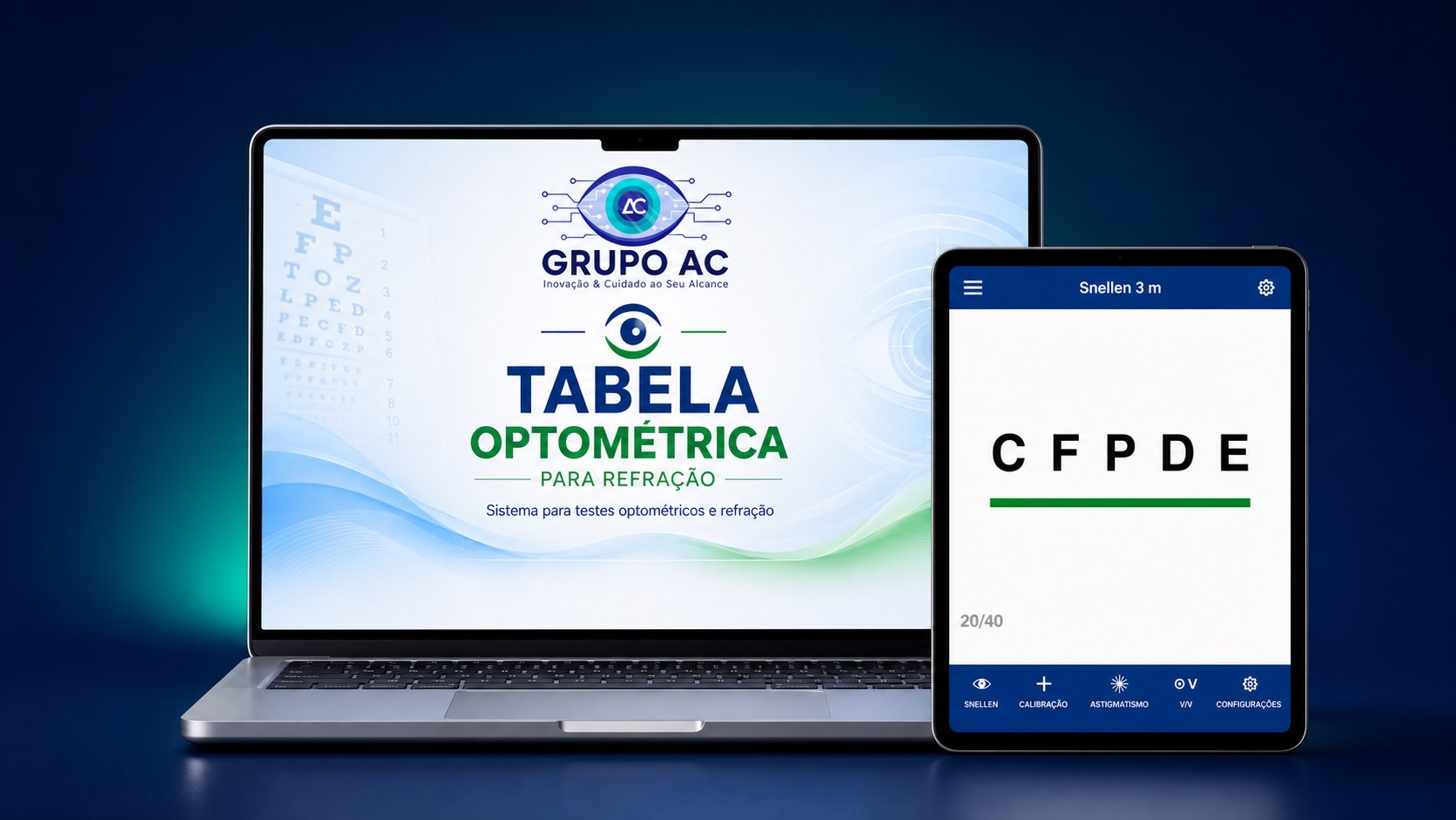 Ac Optotipo em um notebook Windows e um tablet Android